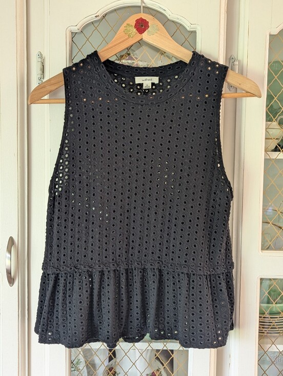 Wilfred Tops - Wilfred Cottagecore Polkadot Eyelet Peplum Stretch Mesh Sleeveless Top